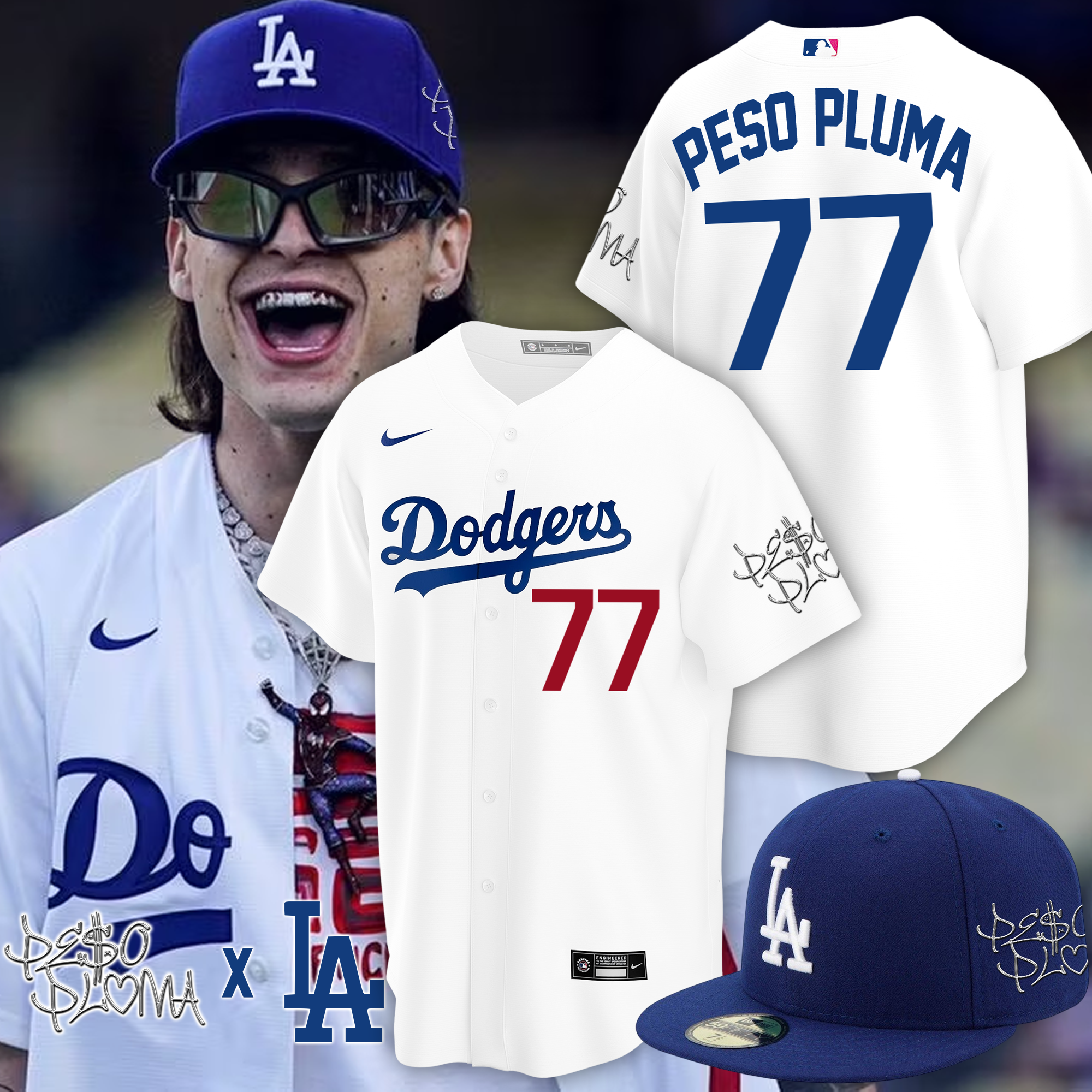 Peso Pluma 77 Los Angeles Dodgers Baseball Jersey -   Worldwide Shipping